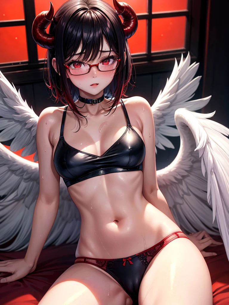 Beautiful girl,Korea, sitting among red light neon,
 18 years old,Short hair, shoulder length,black hair, medium breasts,wet, sweat, camel toe, red lips ,Wear glasses,
White underwear, sexy pose,
 red eyes, spread your legs, กางเกงใน girl,
Two horns and a red demon tail, slim, angel wings,