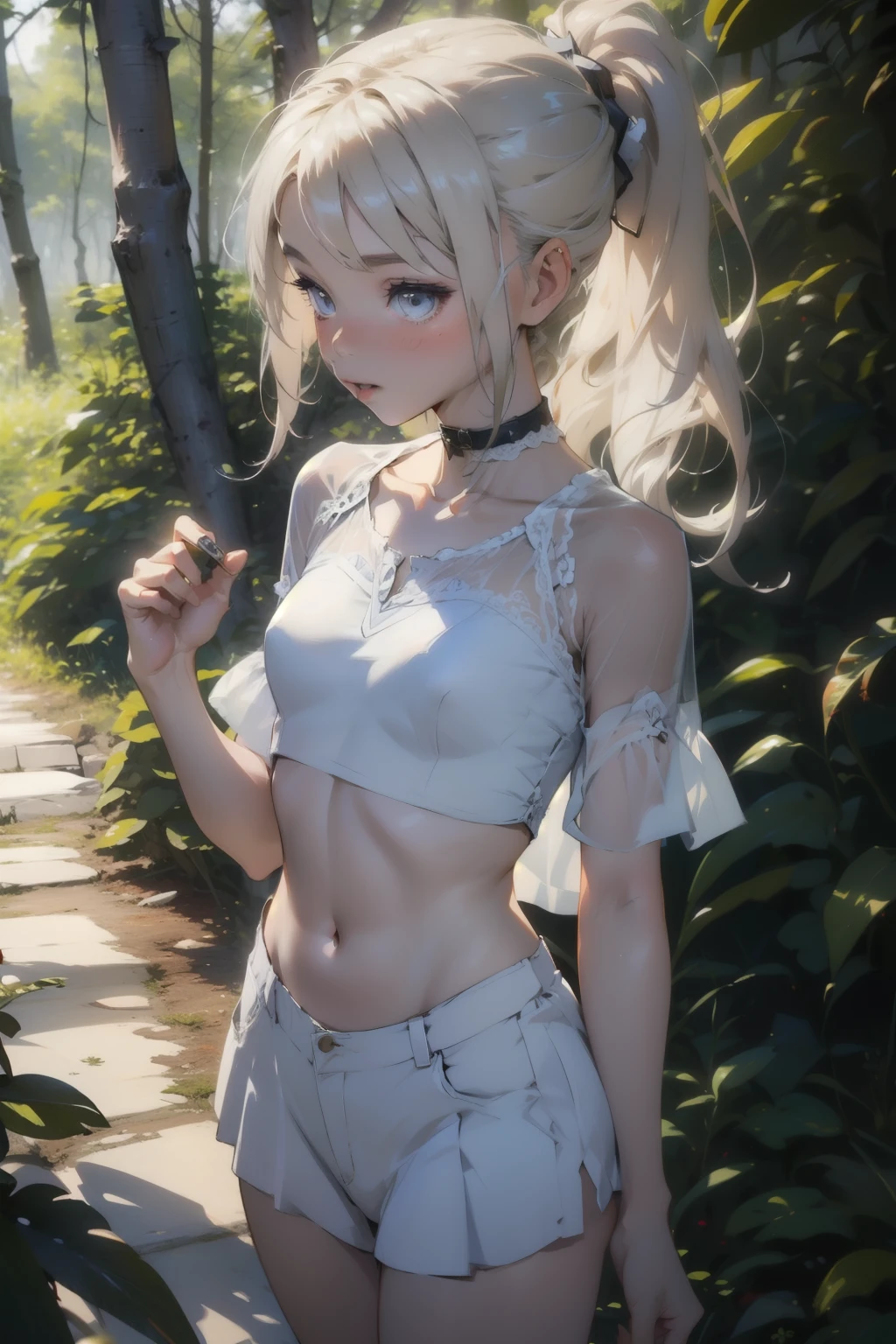  ((best quality)), ((masterpiece)), (detailed), Beautiful  western girl, ((young girl, very young, 12 years olir, pale skin, thin, collarbone, In a forest, wild clothes, NSFW, small breasts, prominent collarbones, skinny arms, flat stomach, visible hip bones, long hair, red hair, white hair, blonde hair, dark hair, ponytail, thick ponytail, blush, NSFW Fluttering lace frilly petticoats, pleated petticoats、((from adove)) 