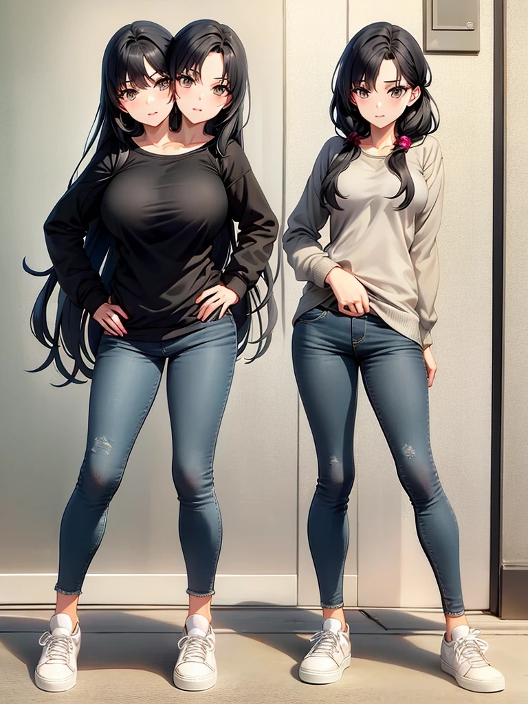 ,best quality, girl, in a sweatshirt, sneakers and jeans, masterpiece, long hair, black hairs, gray eyes, a slim body, (two heads).
