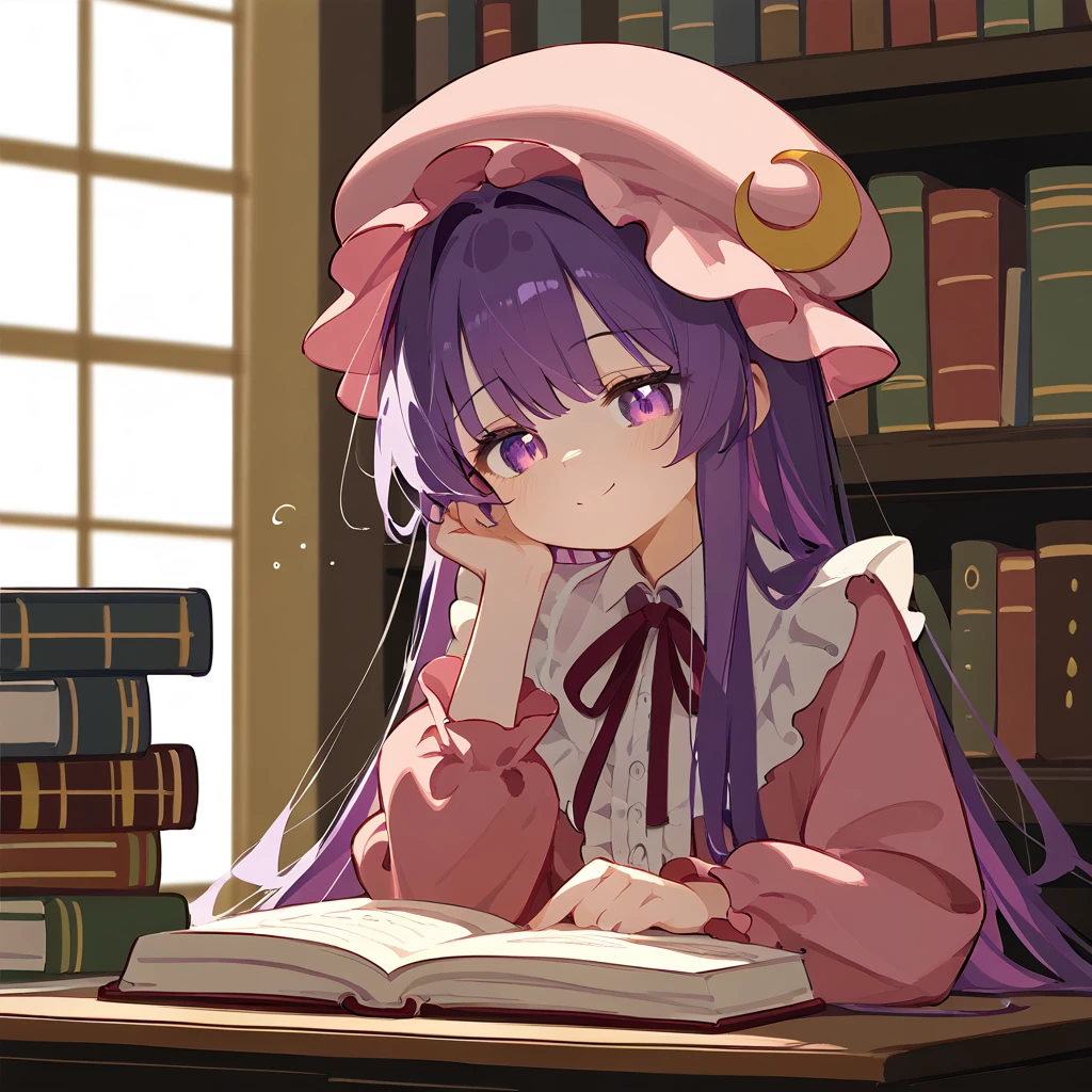 Purple Hair、Nightwear、pink frilly、Character hats、Golden crescent moon decoration on hat、Long Hair、Lots of frills、Sleepy girl、smile、Eyes that are a mix of purple and pink、Beautiful eyes、Piles of books、A lot of old books、Book on head、Sit on a chair、cute composition