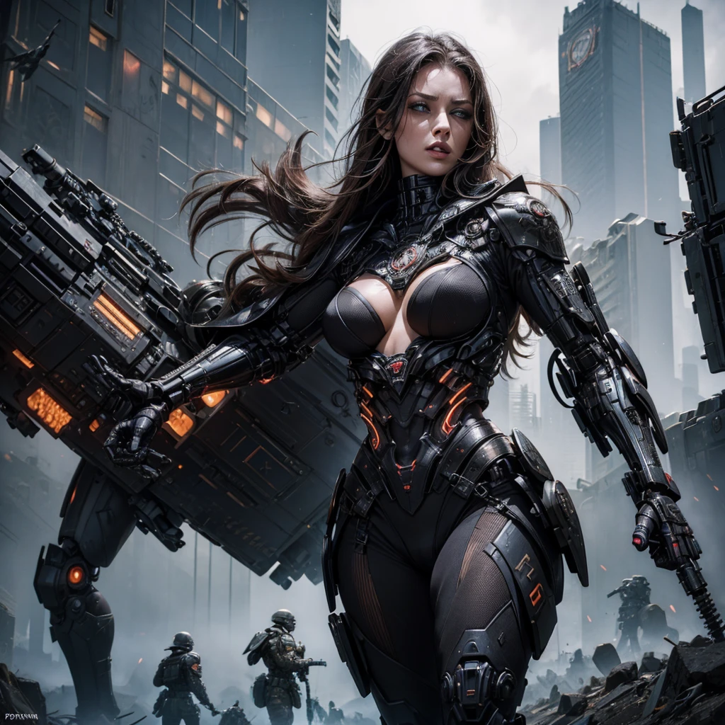 A realistic and detailed image of a hot sexy woman in a gothic futuristic military uniform in a battlefield, commanding soldiers and surreal creatures. Among the ranks of soldiers and mythological creatures, there also stand some cyborgs, with mechanical parts integrated into their bodies. Alongside the cyborgs, surreal fantasy creatures move gracefully, their shapes and features defying reality. On the woman's chest, the military insignia shines, a sign of her rank and authority