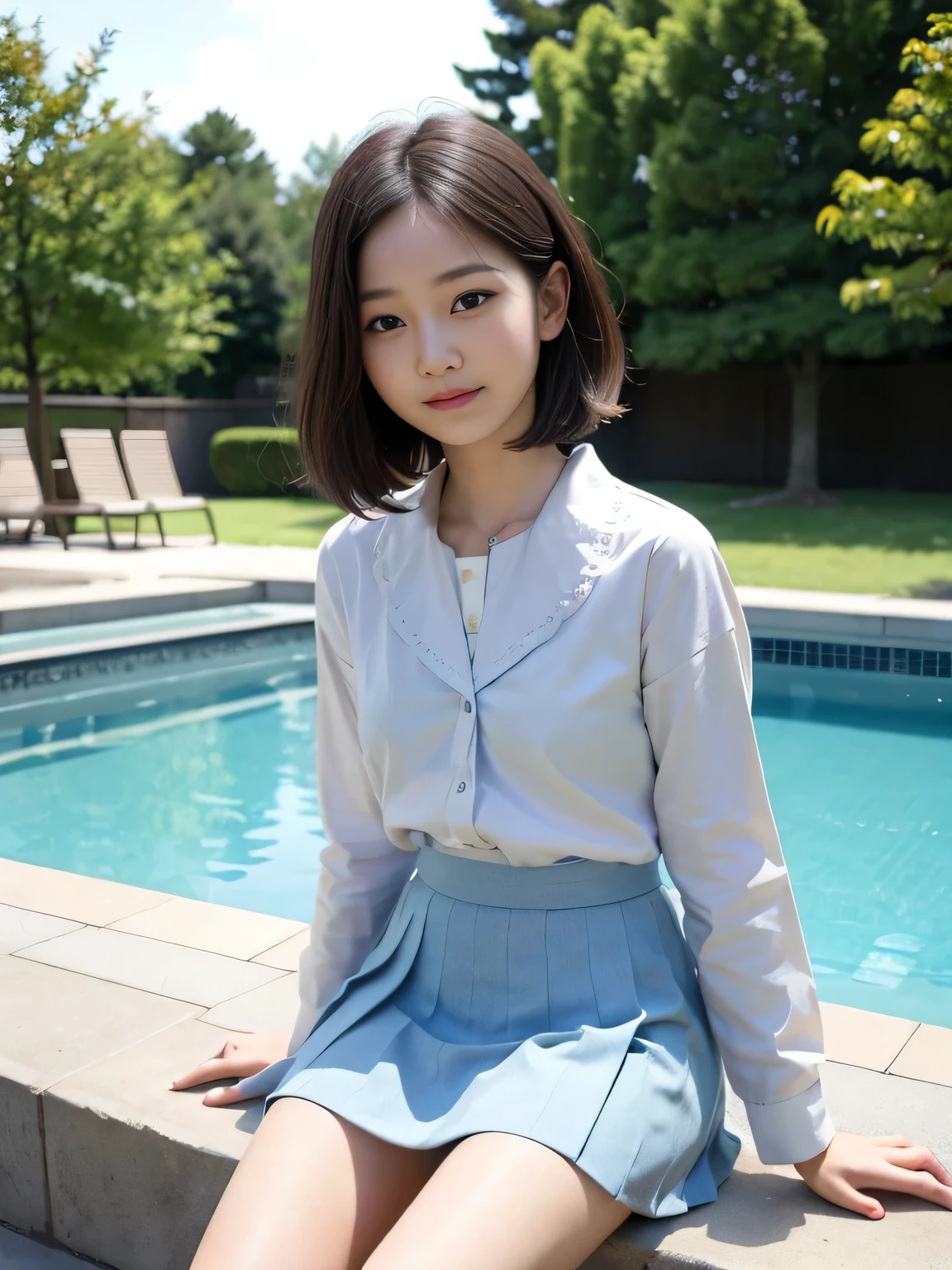 (8K、Live Action、RAW Photos、Highest quality、masterpiece:1.2),(Outdoor,Pool,sunlight:1.2),((Perfect lighting)),(茶hair、Short Bob Cut),Looking at the audience,Upward glance,Viewed from the front,Sexy pose, return,strong,erotic,20-year-old,student,White skin,knees,Absurd,Small face,前hairを真ん中から分けます、The forehead is visible,(Be embarrassed,Squint your eyes,Glare,strong,skinny,skinny,Irritated)、masterpiece,Highest quality、Ultra-high resolution,One person, One personで,Close-up shot、cute、Return to student,(Japanese School Uniform:1.3),high school girl,Japanese women,Are standing,(フォトGenuine:1.37)、Photon Mapping,Genuineistic、cuteSmall face,Brown eyes、prospect、Written boundary depth、blurred returnground、Genuine,(前hairが見える), hair, kneesが見える, thigh,(Nogizaka idol), actress、Small, shapely breasts、Super quality、Low people、(Skin with visible pores:1.2)、(Focus on the face)、Small face、7 Head to Body、Check and fix the skeleton、((smile))