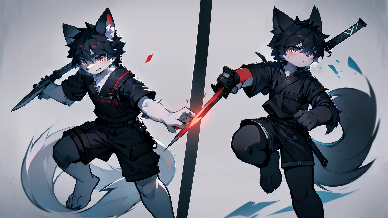 White Wolf,black hair,Red eyes,Wolf ears,Wolf Tail,juvenile,male,hairy,Hair,Half body armor,Combat uniform,Silver and black clothing,Handsome,Handsome,shorts,The forearm is exposed,leg,Fighting Stance,Duel,Two people,Anxious,Armed with a sword,Simple background,Swords