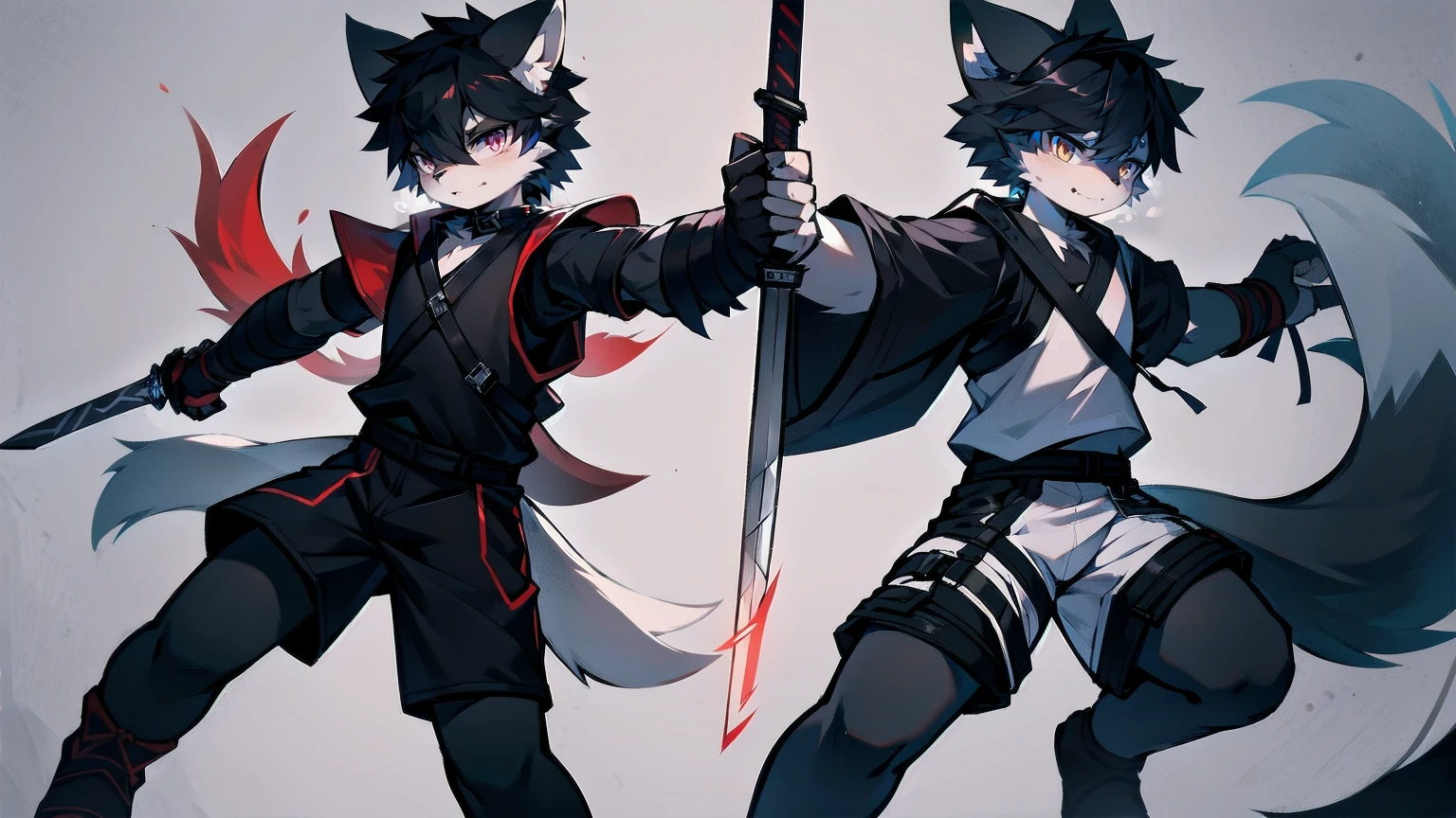 White Wolf,black hair,Red eyes,Wolf ears,Wolf Tail,juvenile,male,hairy,Hair,Half body armor,Combat uniform,Silver and black clothing,Handsome,Handsome,shorts,The forearm is exposed,leg,Fighting Stance,Duel,Two people,Anxious,Armed with a sword,Simple background,Swords