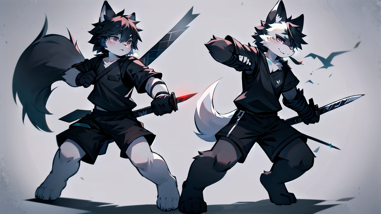 White Wolf，black hair，Red eyes，Wolf ears，Wolf Tail，juvenile，male，hairy，Hair，Half body armor，Combat uniform，Silver and black clothing，Handsome，Handsome，shorts，The forearm is exposed，leg，Fighting Stance，Duel，Two people，Anxious，Armed with a sword，Simple background，Swords
