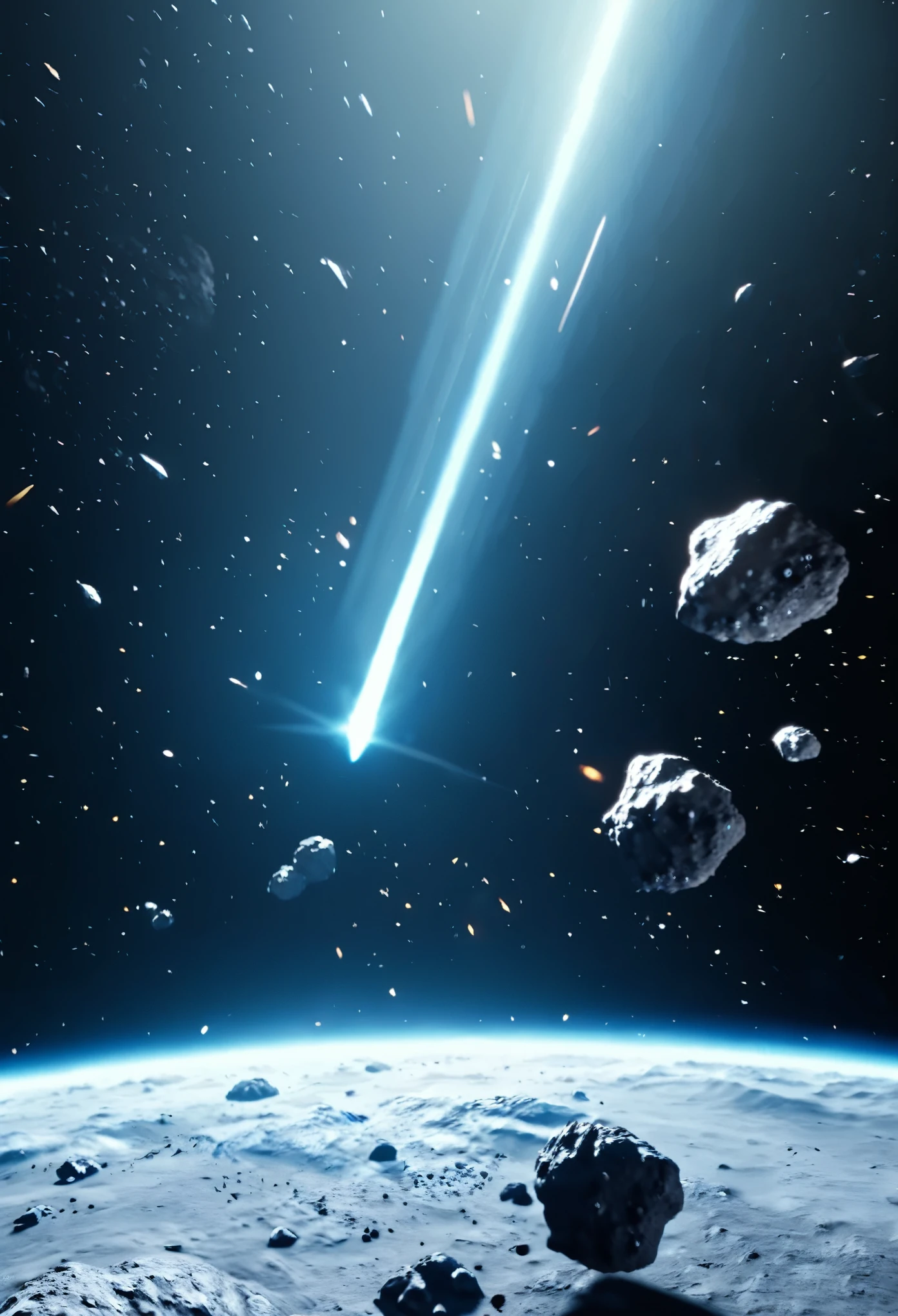 Spaceship flying outer space moving past floating asteroids, unknown planet in background, stars shining beautifully, sci-fi scene, ultra HD, unreal engine rendered, octane 3d rendering, cinematic lighting