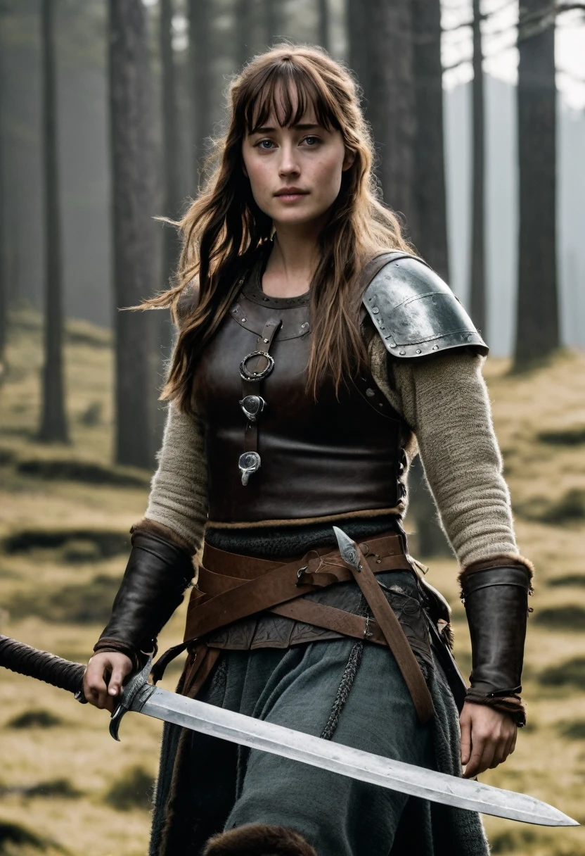 Dakota Johnson is a beautiful Viking warrior in her rustic leather outfit and light armor. She is wielding a longsword in her right hand.