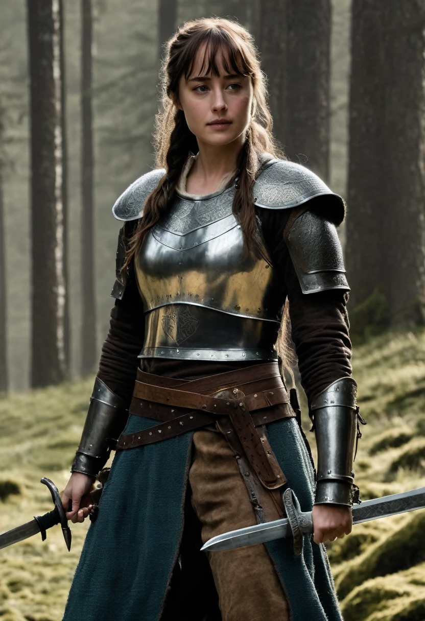 Dakota Johnson is a beautiful Viking warrior in her rustic leather outfit and light armor. She is wielding a longsword in her right hand.