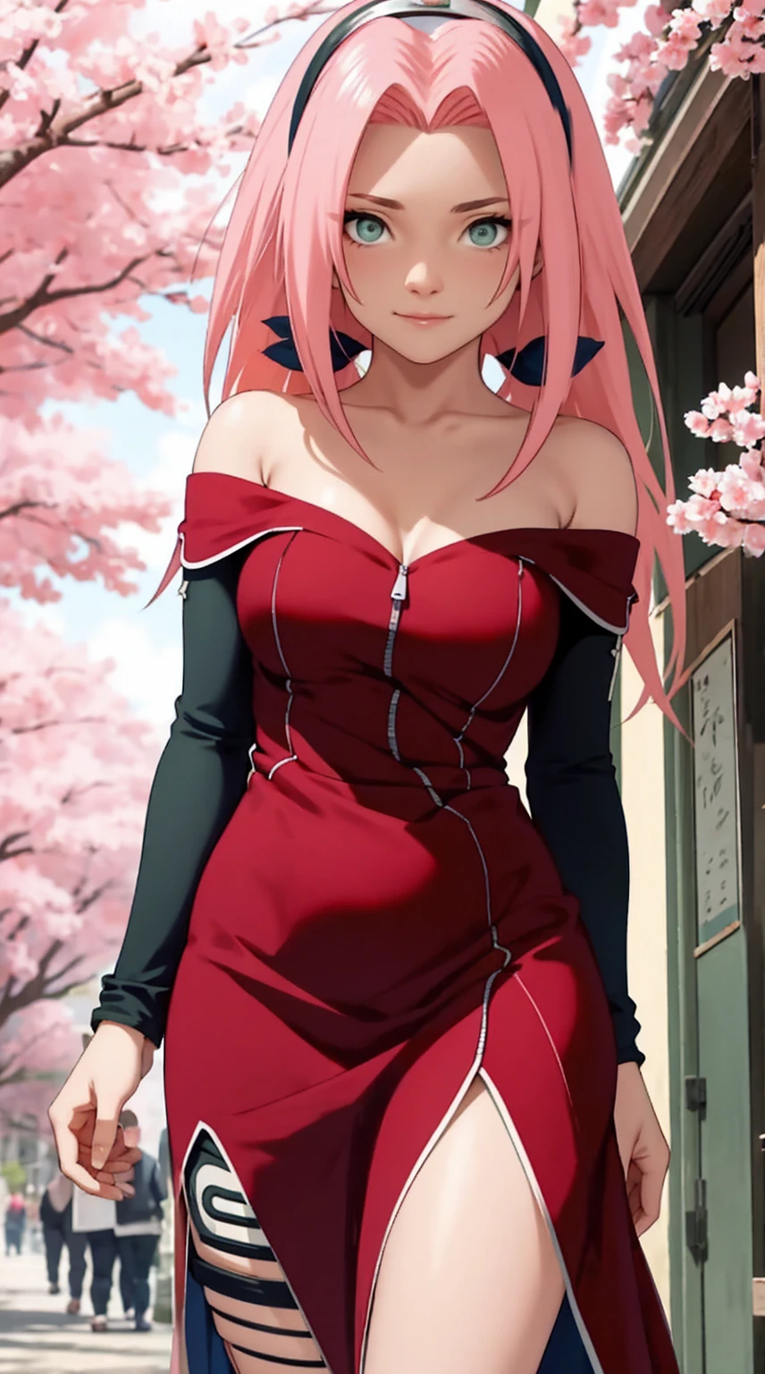 tmasterpiece, Best quality at best, 1girll, Sakura Haruno, Large breasts,Off-the-shoulder attire,upperbody closeup),Raised sexy,is shy,ssmile,with pink hair, long whitr hair, (Green eyeballs:1.4), Forehead protection, the cherry trees,Cherry blossoms flying,Red clothes,Zipper pulled down far, (very deep cleavage), revealing dress, breasts mostly visible, slutty, (front zipper of dressed pulled down far), (front of the dress is fully open),