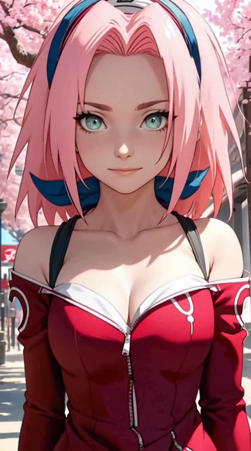 tmasterpiece, Best quality at best, 1girll, Sakura Haruno, Large breasts,Off-the-shoulder attire,upperbody closeup),Raised sexy,is shy,ssmile,with pink hair, long whitr hair, (Green eyeballs:1.4), Forehead protection, the cherry trees,Cherry blossoms flying,Red clothes,Zipper pulled down far, (very deep cleavage), revealing dress, breasts mostly visible, slutty, (front zipper of dressed pulled down far), (front of the dress is fully open),