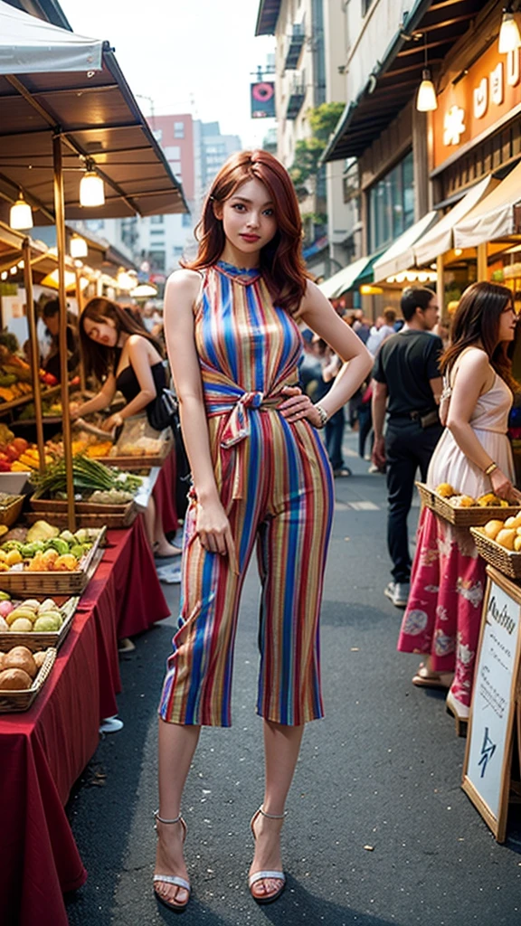 A young woman in a trendy summer outfit. She is wearing a sleeveless, striped jumpsuit with wide legs. She has medium-length red hair and is posing with one hand on her hip in a lively outdoor market area with colorful stalls and a festive atmosphere.