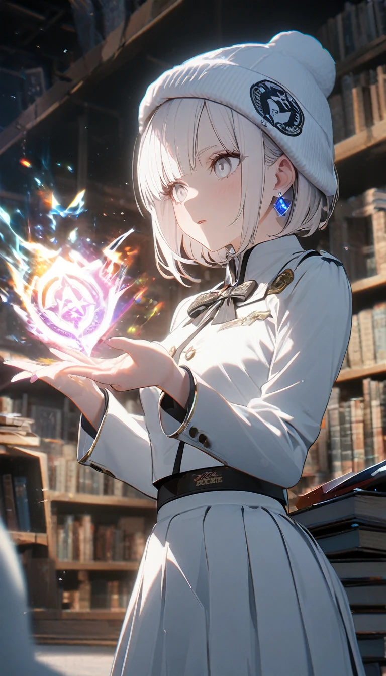 1girl,albino,snow white hair,white eyes,,white blazer with logo ,high waisted white skirt,perfect body, books,calm,white fluffy beanie,blue earrings,8k,high definition ,magic spell
