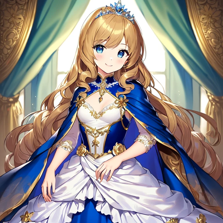 looking at viewer, upper body,(masterpiece),(best quality),(rococo style),(long train blue cape:1.15), very long cape,(long train white ball gown with flower decorations:1.1), a girl is wearing a cape over her gown, 1 little princess, tiara, smile, very long hair, small breasts