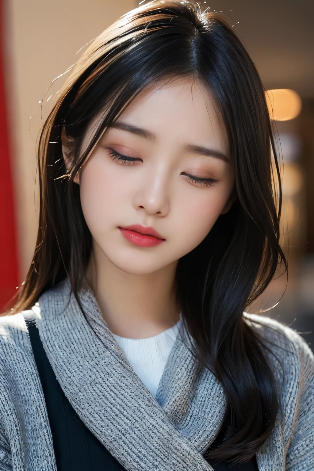 high quality,photorealistic,dslr,masterpiece,highly detailed,japanese,beautiful woman
8k, RAW photo,cute face,big eyes,drooping eyes,thin eyebrows,thin lips,large eye bags, medium hair,black hair,eyes ,face focus, close up, ((both eyes closed)), night time,kiss face