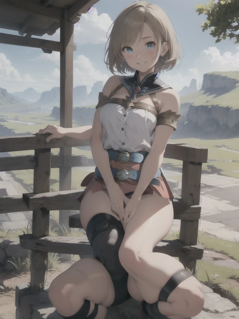 masterpiece, best quality, absurdres, perfect anatomy, 1girl, solo, Ashelia, short hair, AsheliaOutfit, miniskirt, thighhighs, jewelry, belt, standing, cowboy shot, smile, dynamic pose, dynamic angle, outdoors, plains, hills, (sitting, spreading legs by hands), spread crotch