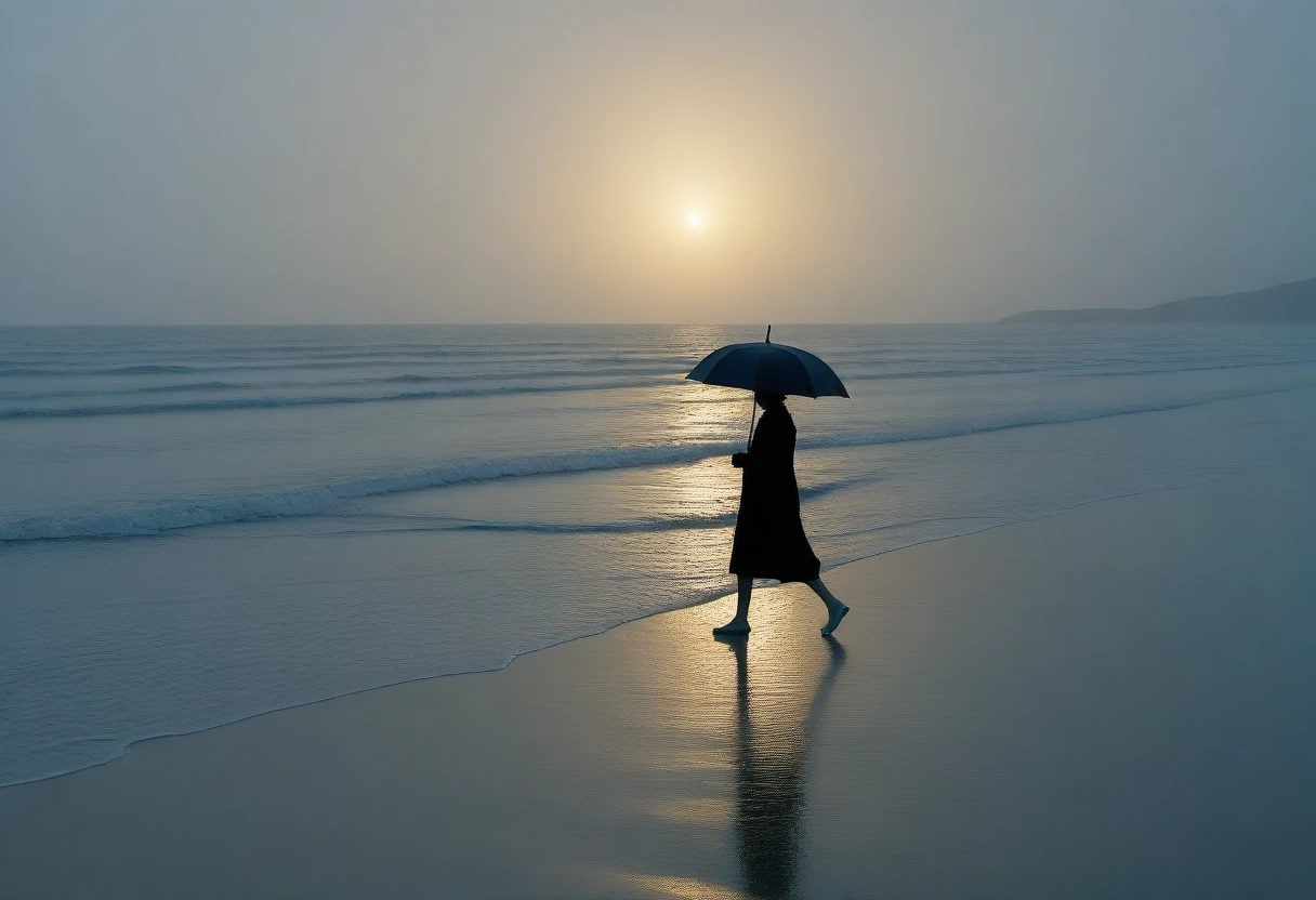 8K, Vivid picture quality, long deserted beach, Woman with short and medium hair walking slowly in the distance, beautiful appearance, Female models, sunset의 붉은 빛, sunset, alone, afternoon, depressed, tide가 밀려온다, rain, black umbrella, ocean, tide, wind, short korean girl, 잔잔한 tide