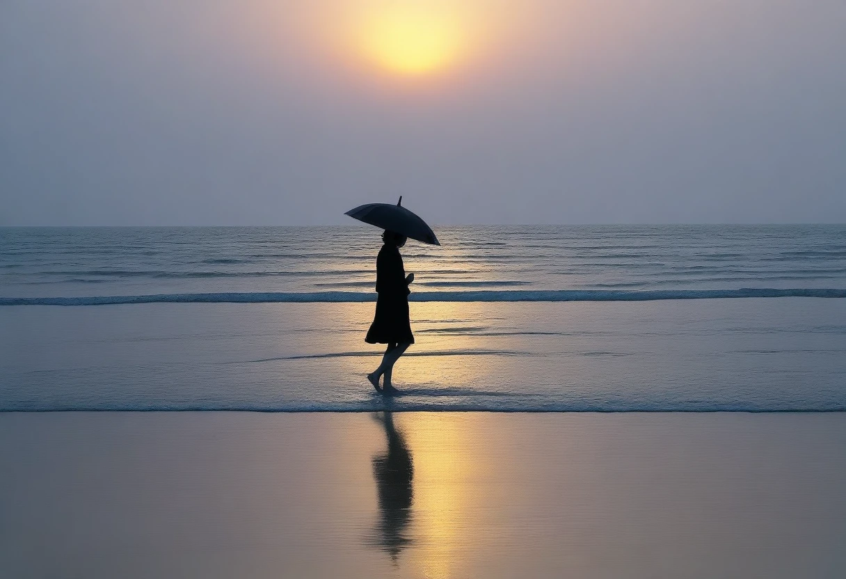 8K, Vivid picture quality, long deserted beach, Woman with short and medium hair walking slowly in the distance, beautiful appearance, Female models, sunset의 붉은 빛, sunset, alone, afternoon, depressed, tide가 밀려온다, rain, black umbrella, ocean, tide, wind, short korean girl, 잔잔한 tide