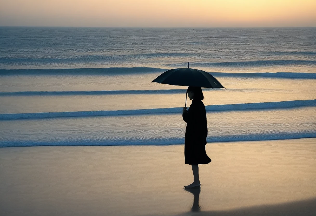 8K, Vivid picture quality, long deserted beach, Woman with short and medium hair walking slowly in the distance, beautiful appearance, Female models, sunset의 붉은 빛, sunset, alone, afternoon, depressed, tide가 밀려온다, rain, black umbrella, ocean, tide, wind, short korean girl, 잔잔한 tide