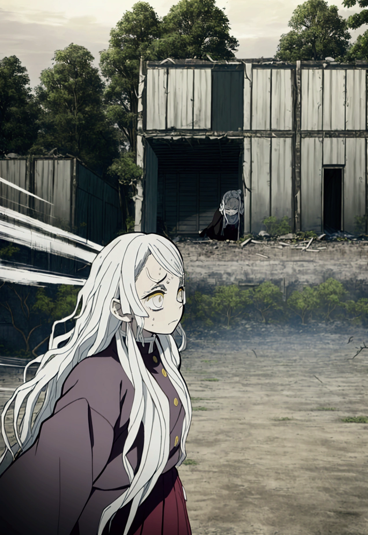 Masterpiece, Best quality, young woman、Kimetsu no Yaiba style、hashira uniform、white hair、long hair、white hair、hashira uniform、yellow eyes、nervous、sweating、running、angry、 panic、dusty landscape、behind collapsed house、trees、dawn、 close-up、black skirt、at night、