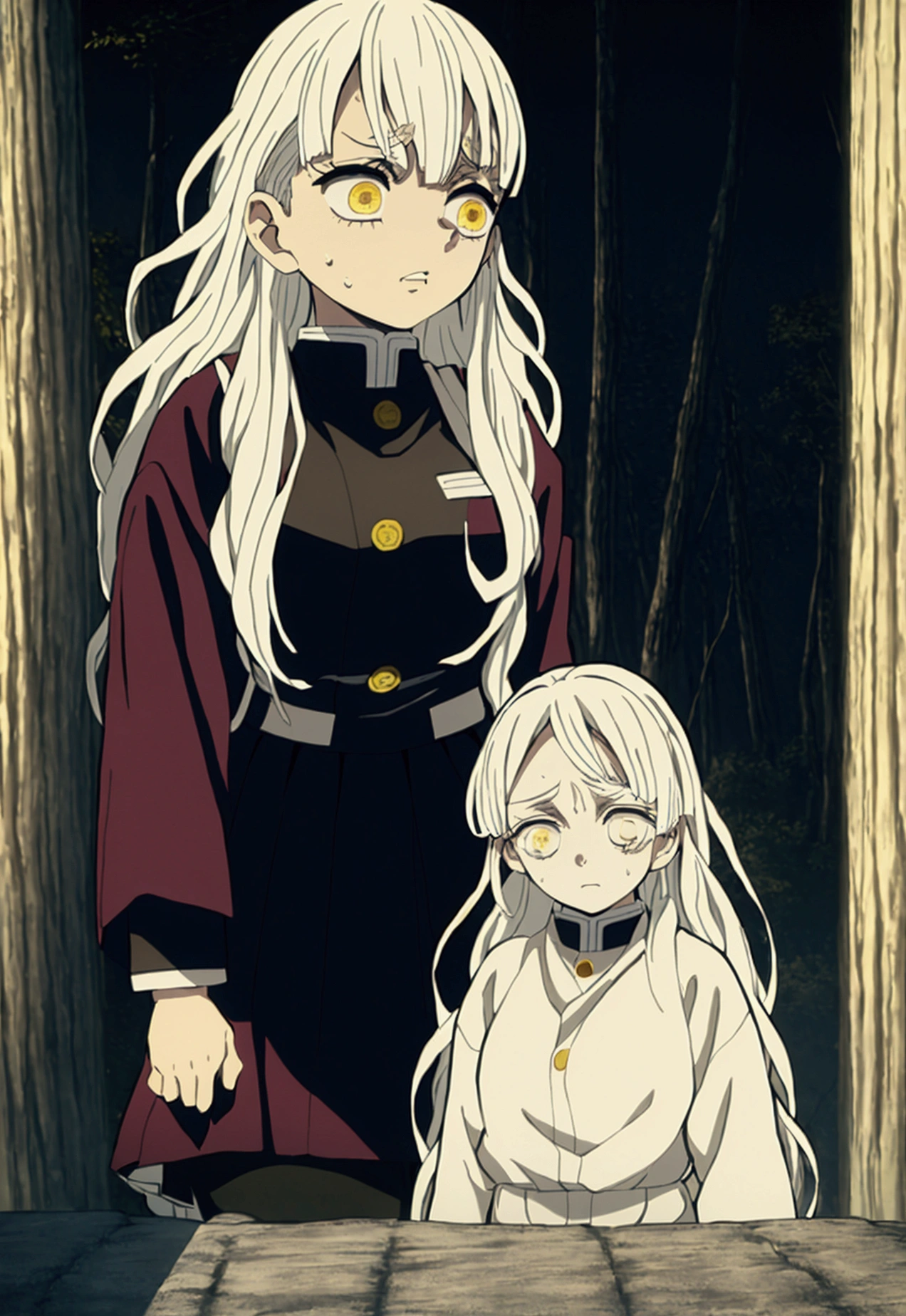 Masterpiece, Best quality, young woman、Kimetsu no Yaiba style、hashira uniform、white hair、long hair、white hair、hashira uniform、yellow eyes、nervous、sweating、running、angry、 panic、dusty landscape、behind collapsed house、trees、dawn、 close-up、black skirt、at night、