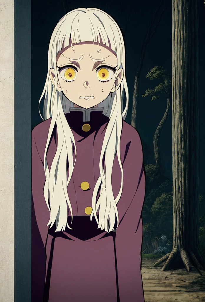 Masterpiece, Best quality, young woman、Kimetsu no Yaiba style、hashira uniform、white hair、long hair、white hair、hashira uniform、yellow eyes、nervous、sweating、running、angry、 panic、dusty landscape、behind collapsed house、trees、dawn、 close-up、black skirt、at night、