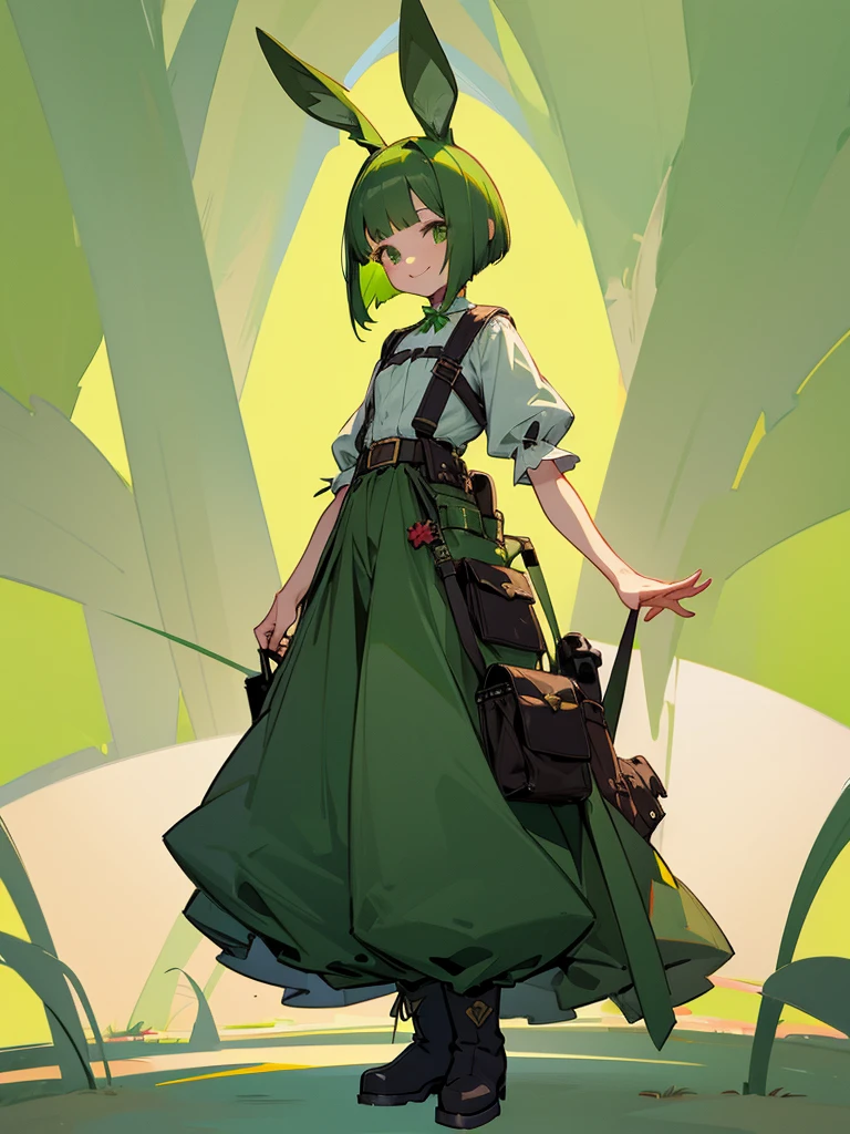 Green rabbit ears, green animal ears, a girl, bob cut, green hair, green eyes, look young, alone, short, tiny, ta, childhood, smile, overall, wide pants ,belt, waist bag, waist pouch, kawaii, cute, long boots, full body shot