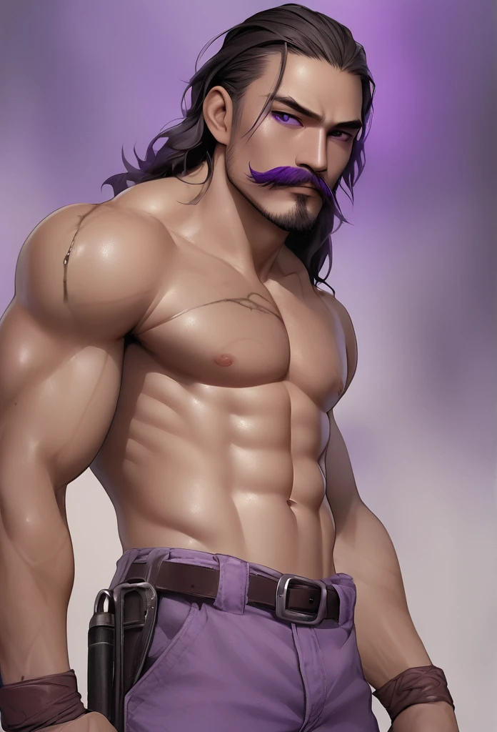  Skin color: offwhite
 muka: defined jaw, muka jovem. Bright purple right eye and scars like those on his hand. The region of this eye is also grayish.
 stubble with goatee and mustache, Wavy, neck-length brown hair with white streaks in the part where there are scars
 cos: Scrawny, slightly defined. 1,83m high.
grayish right arm up to forearm height with cracks exuding purple aura
Indeed, kor: 20 year
 Clothing from the day of the accident:
work boots, beige cargo pants, camiseta preta e máscara de pano no muka
scars on face and arm 