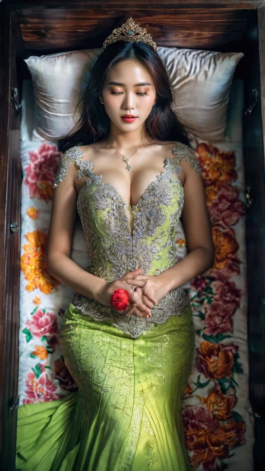 In a striking 8K HDR scene, a stunning Korean woman, 22 years old, lies peacefully in a black coffin surrounded by plush pillows. The deep box is set against a rich black background, accentuating the beauty of the subject. Her exquisite deep-V neckline kebaya attire is embroidered with superb detail, showcasing her round and firm breasts, perfect cleavage, and beautiful eyebrows. Her closed eyes and mouth give an air of serenity, while her visible and absolute cleavage leave nothing to imagination. The scene is bathed in saturated colors, highlighting every intricate aspect from the ball skirt to her clean face, straight body, detailed hand perfect hands, straight body, own hands together, own hand on stomach, detailed hands, perfect hands.