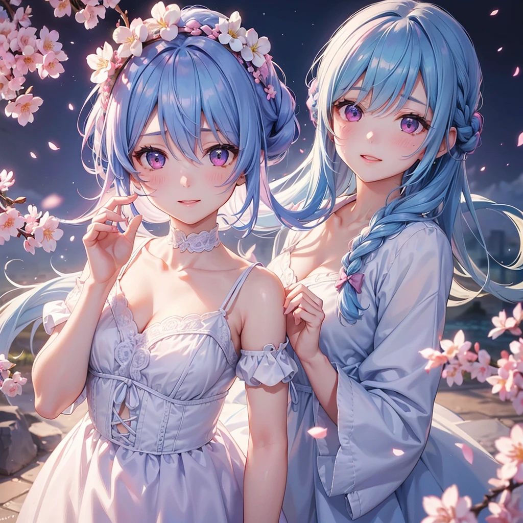 (Sky blue medium hair),(Braided hair tied together)、Pink eyes、Fair skin、(whole body)、(One Girl)、、Brother、Cherry Blossoms at Night、A big smile、、(masterpiece、Highest quality、Very detailed、Best Shadow)、(Detailed Background)、(Beautifully detailed face)、High contrast、(Best lighting、Very delicate and beautiful)、((Cinematic Light))、colorful、Hyper Detail、Dramatic Light、Exquisite detail、
