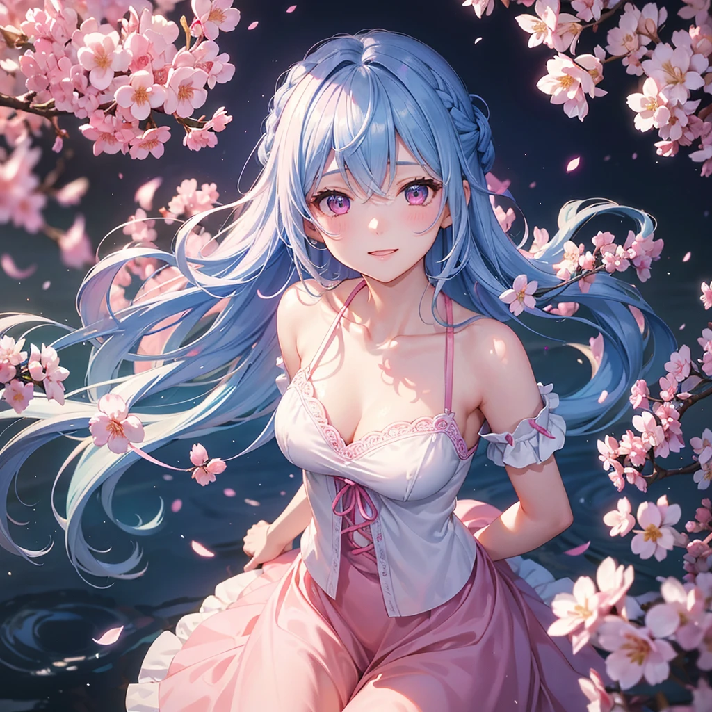 (Sky blue medium hair),(Braided hair tied together)、Pink eyes、Fair skin、(whole body)、(One Girl)、、Brother、Cherry Blossoms at Night、A big smile、、(masterpiece、Highest quality、Very detailed、Best Shadow)、(Detailed Background)、(Beautifully detailed face)、High contrast、(Best lighting、Very delicate and beautiful)、((Cinematic Light))、colorful、Hyper Detail、Dramatic Light、Exquisite detail、