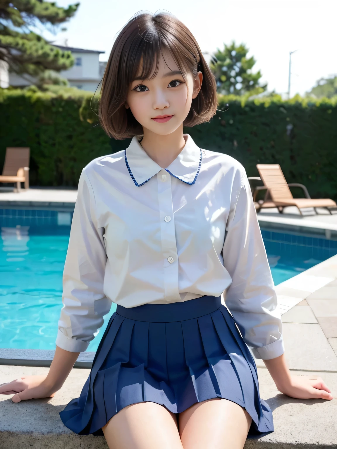 （8K、Live Action、RAW Photos、Highest quality、masterpiece：1.2),(Outdoor,Pool,sunlight:1.2),((Perfect lighting)),(茶hair、Short Bob Cut),Looking at the audience,Upward glance,Viewed from the front,Sexy pose, return,strong,erotic,20-year-old,student,White skin,knees,Absurd,Small face,前hairを真ん中から分けます、The forehead is visible,(Be embarrassed,Squint your eyes,Glare,strong,skinny,skinny,Irritated)、masterpiece,Highest quality、Ultra-high resolution,One person, One personで,Close-up shot、cute、Return to student,(Japanese School Uniform:1.3),high school girl,Japanese women,Are standing,（フォトGenuine：1.37）、Photon Mapping,Genuineistic、cuteSmall face,Brown eyes、prospect、Written boundary depth、blurred returnground、Genuine,(前hairが見える), hair, kneesが見える, thigh,(Nogizaka idol), actress、Small, shapely breasts、Super quality、Low people、(Skin with visible pores:1.2)、(Focus on the face)、Small face、7 Head to Body、Check and fix the skeleton、((smile))