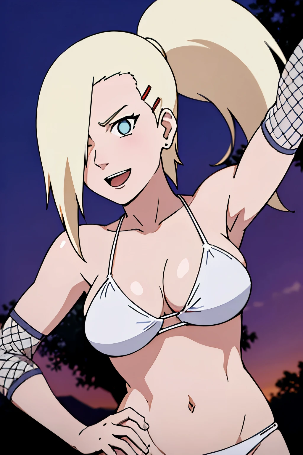 (White bikini:1.5), Ino yamanaka, looking at the viewer, gorgeous, attractive, groin, cowboy shot, ultra detailed face, sunny day, day time, upper body view, anime style, solo, detailed flower field, blonde, (focus on breasts), ((one eye covered with hair, hair over eye, ponytail)), (medium breasts), belly button, looking at the viewer, thick arms, (off-shoulders, wide shoulders, curving body), hidden eye, smile, open mouth, very happy, tall, hair clip, sharp look, sharp face, sharp eye, cold colors,
