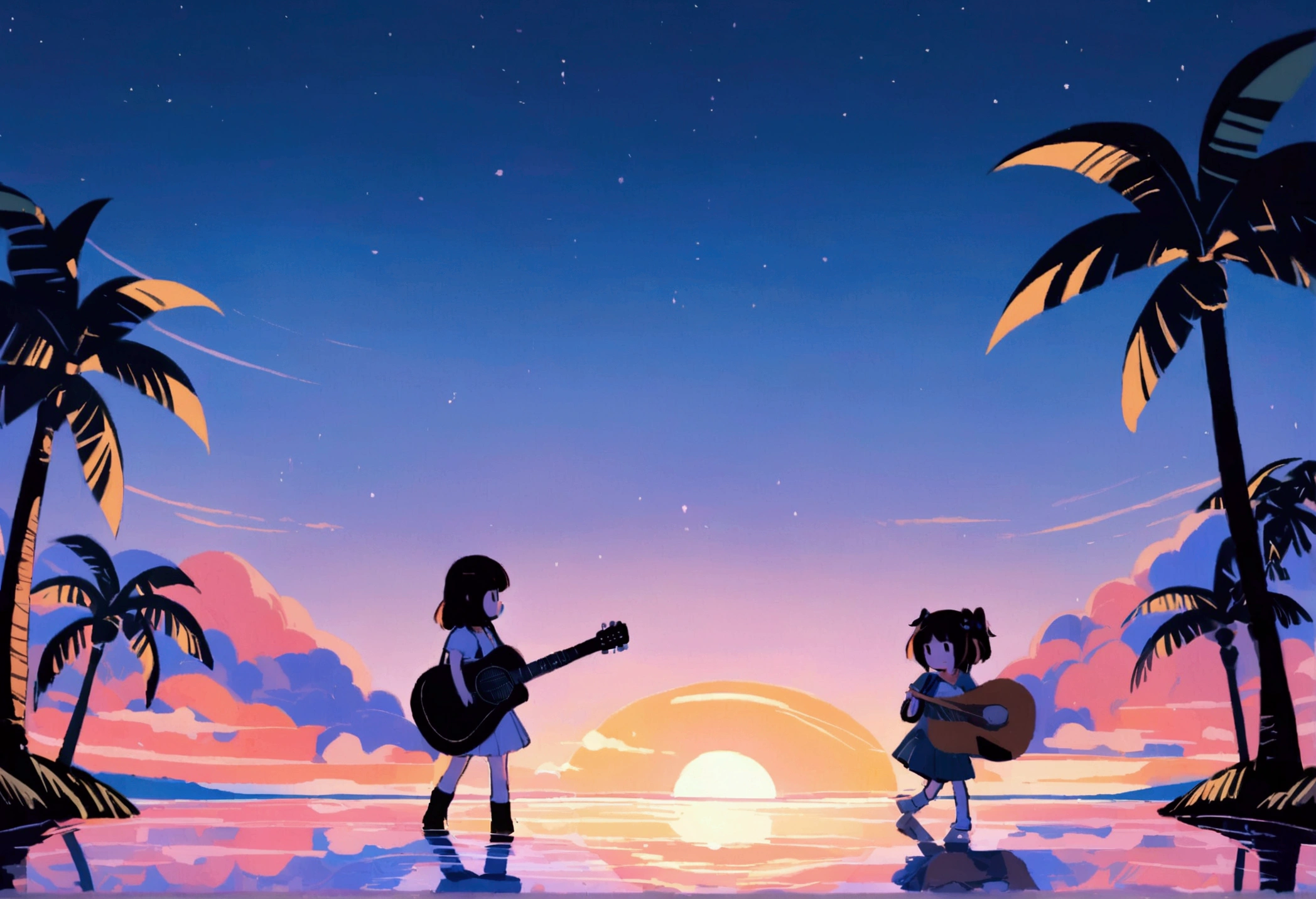 Studio Ghibli-style HMC, 夕暮れ時に棚に座ってplay the guitar少年, Wallpaper 8k,  play the guitar, Lo-fi Girl,(warm, Vibrant colors), (soft, Golden Light), (Sparkling reflections on the water), Anime Style，Ocean，Oceanのビーチ，Coconut Tree