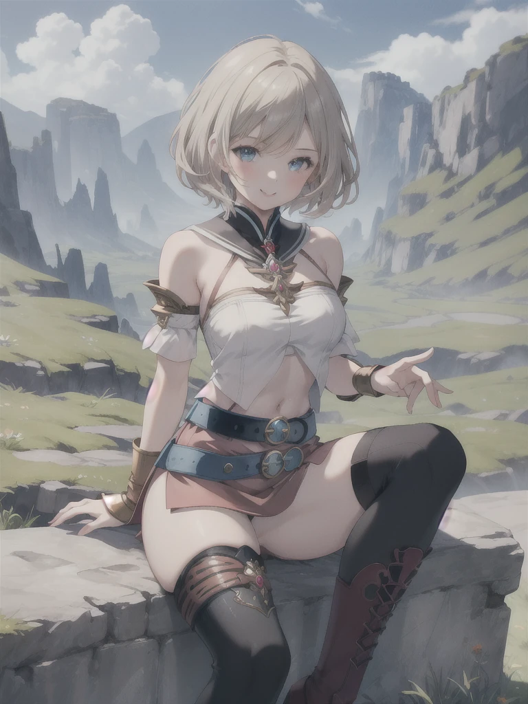 masterpiece, best quality, absurdres, perfect anatomy, 1girl, solo, Ashelia, short hair, AsheliaOutfit, miniskirt, thighhighs, jewelry, belt, standing, cowboy shot, smile, dynamic pose, dynamic angle, outdoors, plains, hills, (sitting, spreading legs by hands), spread crotch