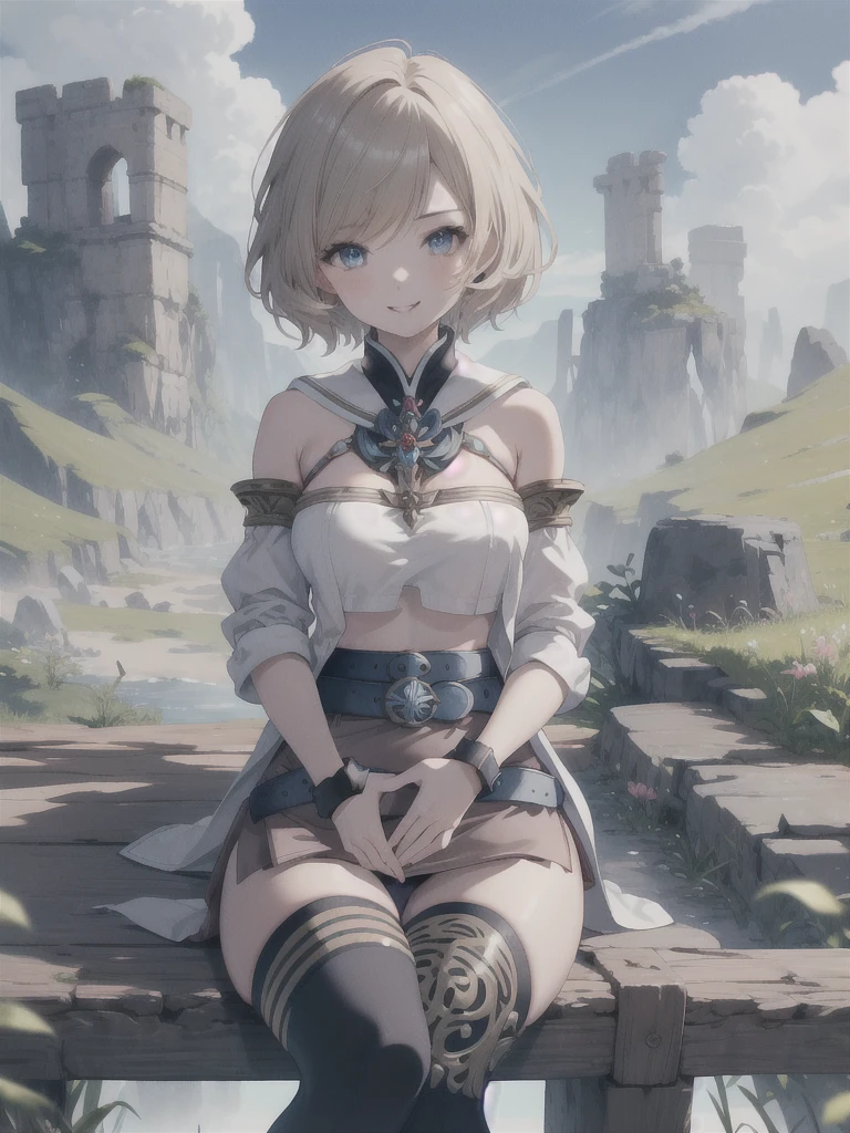 masterpiece, best quality, absurdres, perfect anatomy, 1girl, solo, Ashelia, short hair, AsheliaOutfit, miniskirt, thighhighs, jewelry, belt, standing, cowboy shot, smile, dynamic pose, dynamic angle, outdoors, plains, hills, (sitting, spreading legs by hands), spread crotch