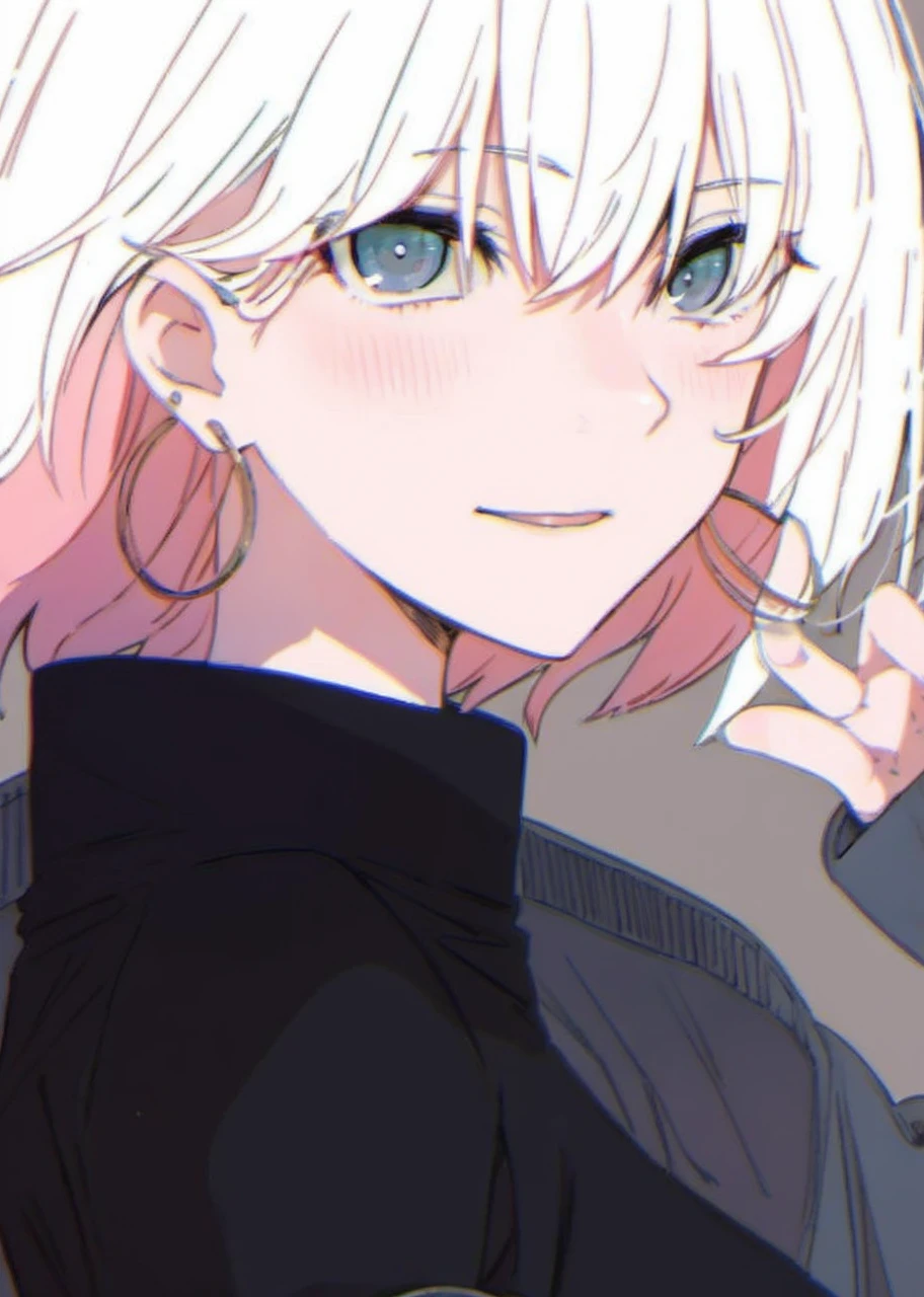 Black sweater, white hair, blue eyes, generally real
