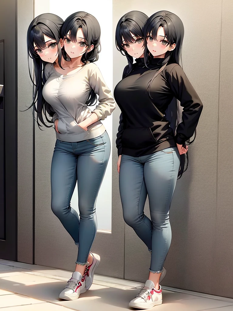 ,best quality,  girl, in a sweatshirt, sneakers and jeans, masterpiece, long hair, black hairs, gray eyes, a slim body, (two heads).
