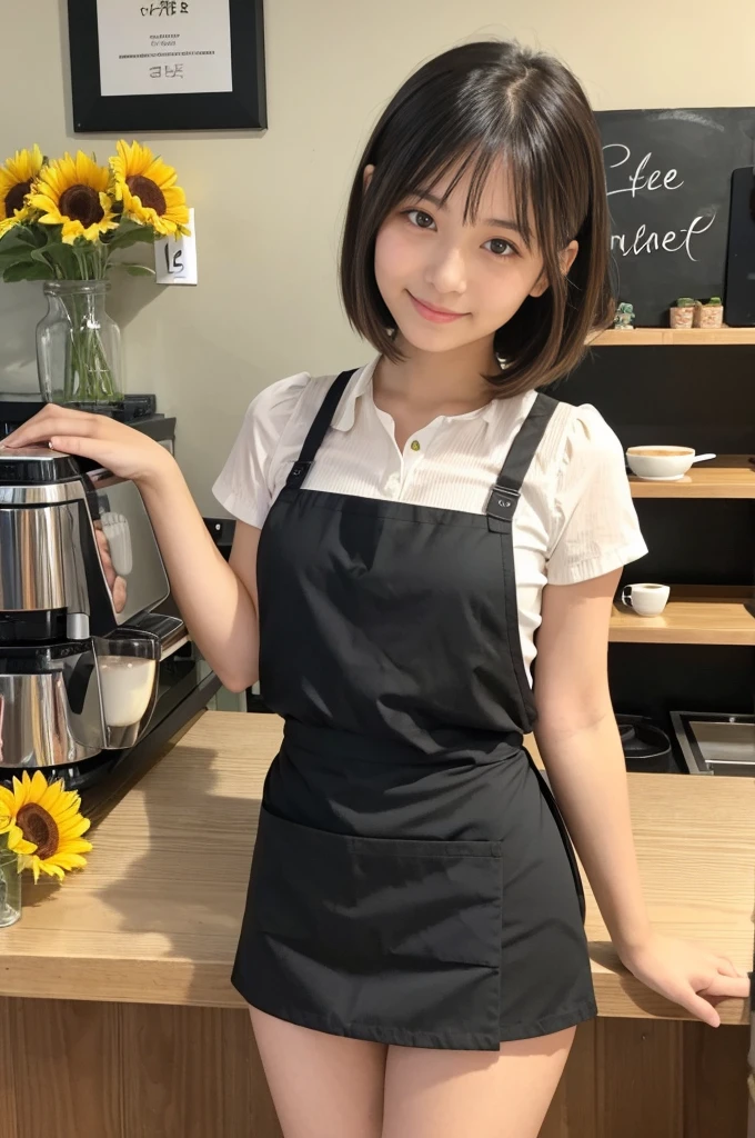 21 years old girl (Japanese cute face) wearing very short mini skirt and apron and working at the coffee cafe with sunflowers