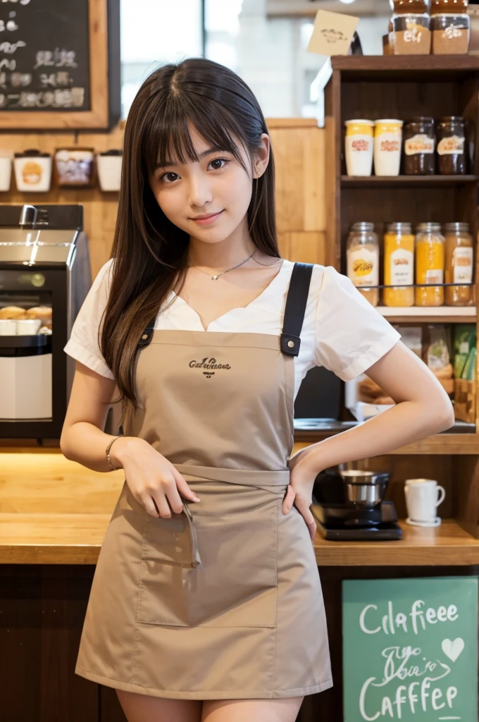21 years old girl (Japanese cute face) wearing very short mini skirt and apron and working at the coffee cafe with sunflowers
