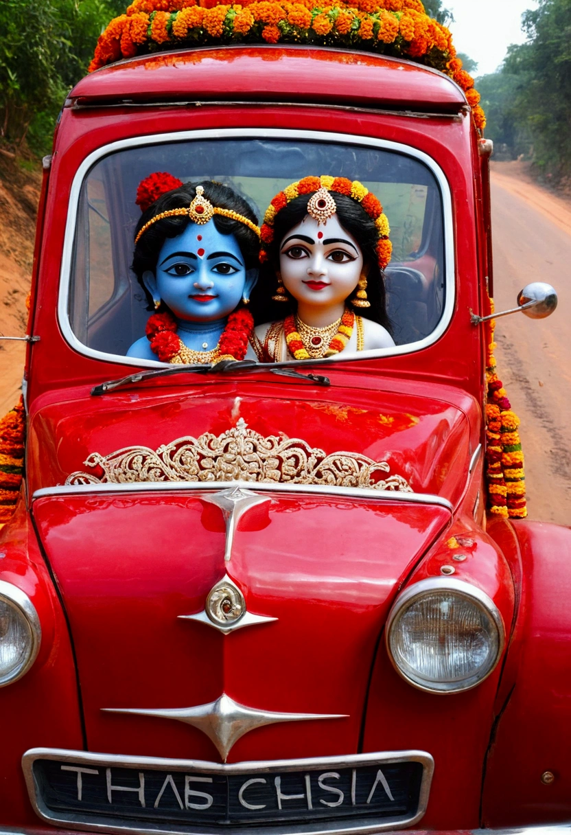 Little krishna and little radha travel red car 