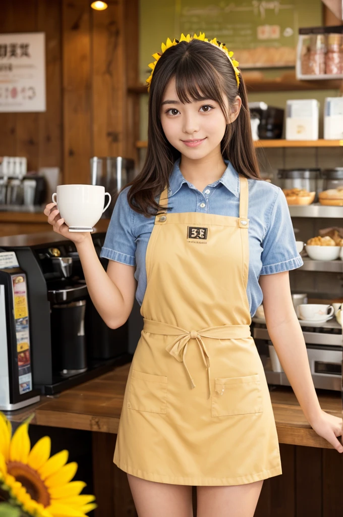 21 years old girl (Japanese cute face) wearing very short mini skirt and apron and working at the coffee cafe with sunflowers