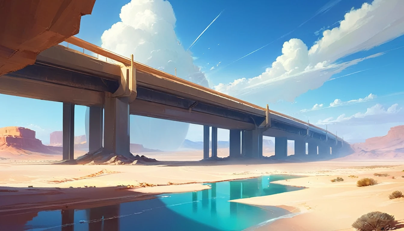 there is a photo of a desert scene with a bridge, Arte conceitual 2D, arte conceitual de pintura digital, dramatic conceptual art, Arte conceitual digital suave, por Sparth, Stefan Koidl inspirado, inspired por Sparth, estilo espartano, artes conceituais, cena de arte conceitual, illustration concept art, science fiction digital painting, pictorial conceptual art