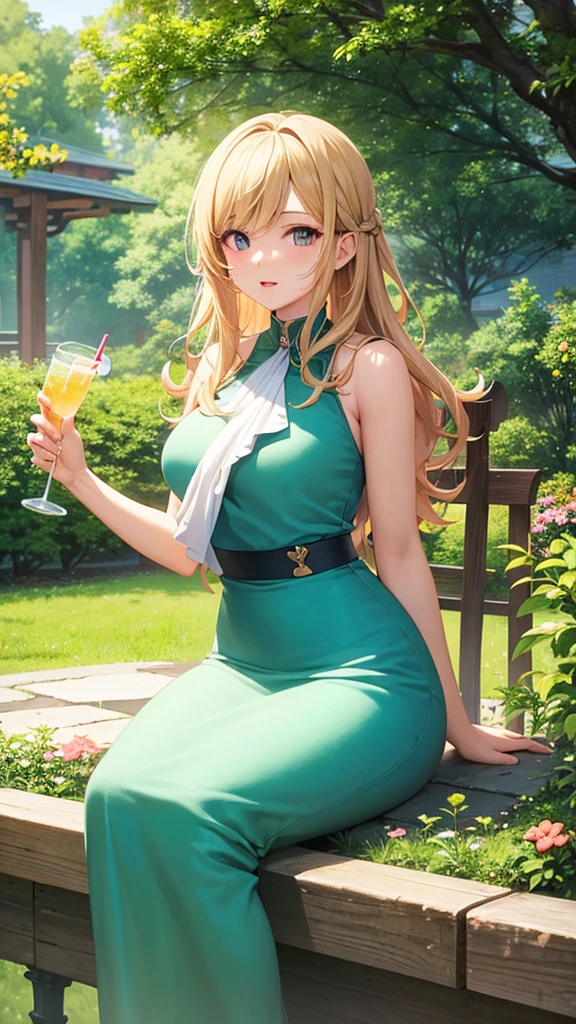 Gal、Around 25 years old、Anime style illustrations、garden、Sitting on a bench、Holding a drink、Upper Body、Blonde、looks fun