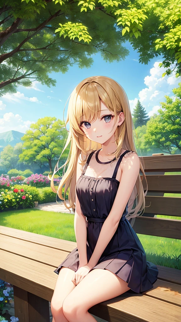 Gal、Around 25 years old、Anime style illustrations、garden、Sitting on a bench、Holding a drink、Upper Body、Blonde、looks fun