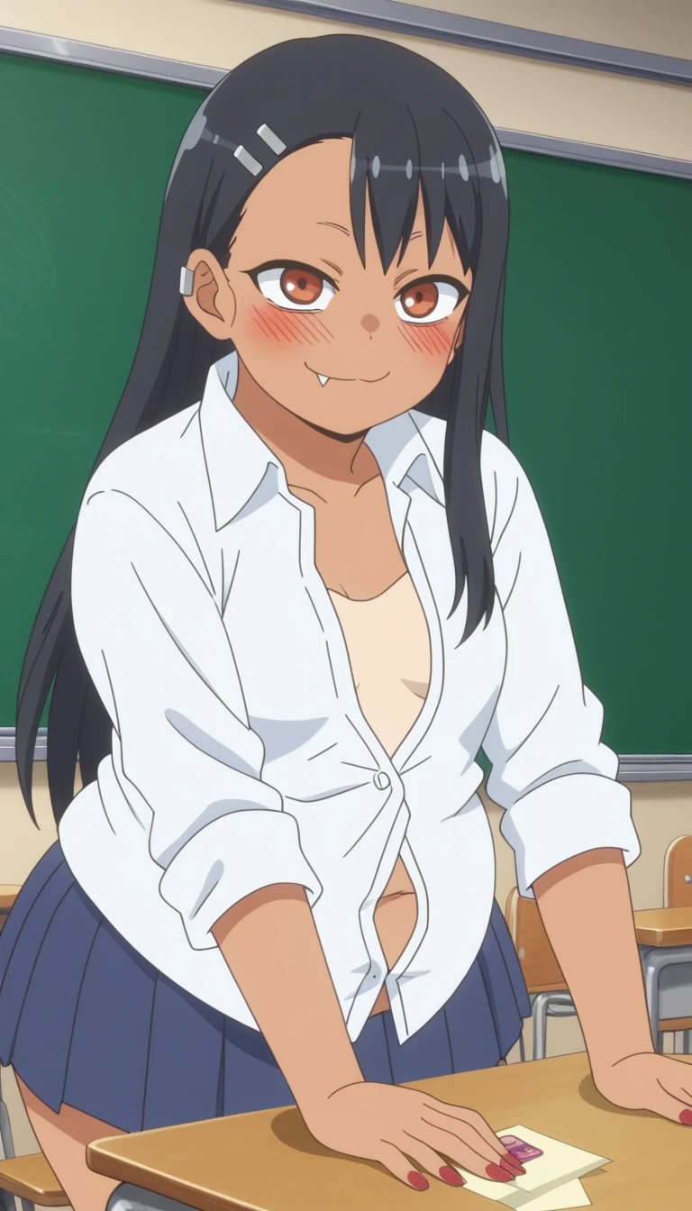 score_9, score_8_up, score_7_up, source_anime, anime screencap, anime coloring,
hayasenagatoro,
hayase nagatoro, ((obese)), ((morbid obesity)), ((very drunk)), ((staggers)), ((agitated)), ((provocative)), ((small breast)), ((belly stuffed)), long hair, bangs, black hair, hair ornament, brown eyes, hairclip, fang, dark skin, dark-skinned female, tan,
skirt, ((shirt unbuttoned)), ((white shirt unbuttoned)), pleated skirt, nail polish, blue skirt, red nails, earclip,
indoors, classroom, bent over, smile,
looking at viewer, solo,