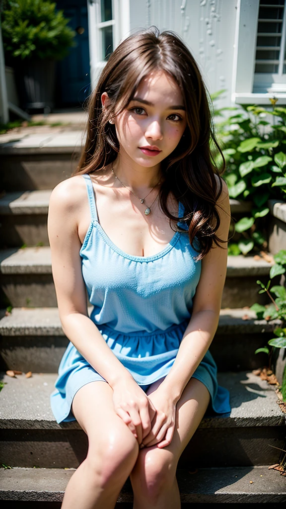 A young woman in a simple summer outfit. She is wearing a light blue tank top and a white mini skirt. She has long, curly hair and is sitting on the steps of a charming townhouse in a quiet residential street. The setting is warm and inviting.