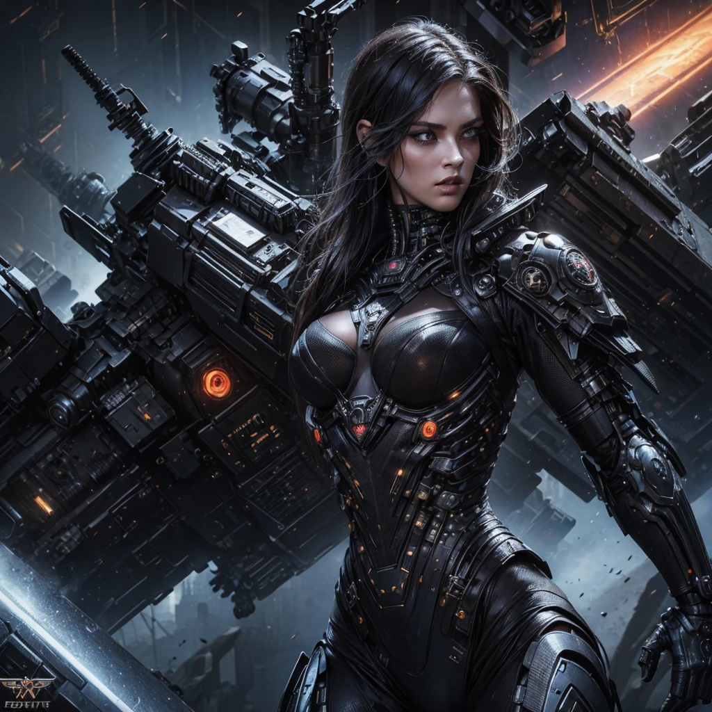 A realistic and detailed woman in a gothic futuristic military uniform, commanding soldiers and surreal creatures on a battlefield, beautiful detailed eyes,beautiful detailed lips,extremely detailed eyes and face,long eyelashes,cyberpunk military uniform,intricate mechanical parts,mythological creatures,advanced technology,glowing military insignia,dynamic poses,cinematic lighting,vibrant colors,sci-fi atmosphere,masterpiece,hyper detailed,photorealistic,8k