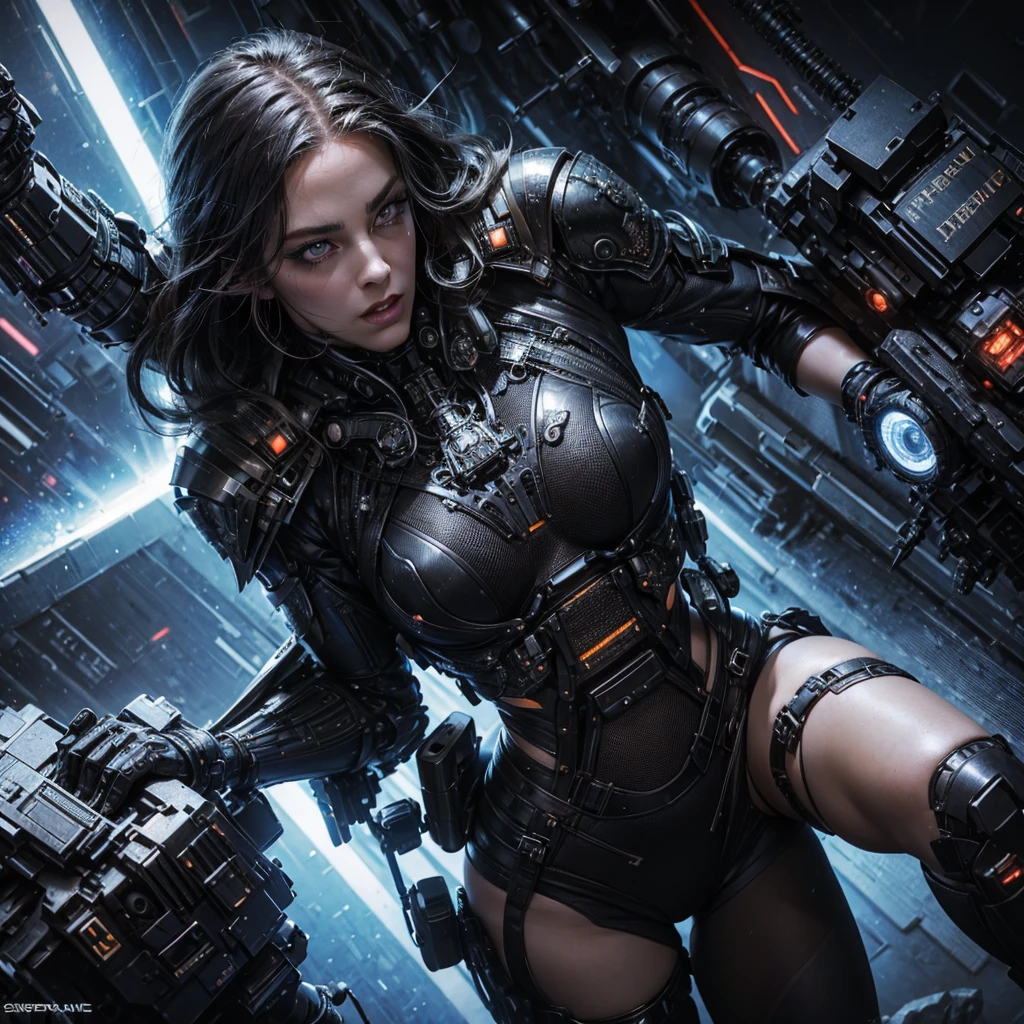 A realistic and detailed woman in a gothic futuristic military uniform, commanding soldiers and surreal creatures on a battlefield, beautiful detailed eyes,beautiful detailed lips,extremely detailed eyes and face,long eyelashes,cyberpunk military uniform,intricate mechanical parts,mythological creatures,advanced technology,glowing military insignia,dynamic poses,cinematic lighting,vibrant colors,sci-fi atmosphere,masterpiece,hyper detailed,photorealistic,8k