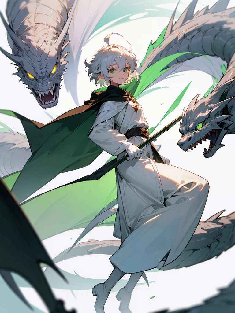 Elf, silver hair,short hair, medium cut, ahoge, curly hair,green eyes,slender, fair skin, cool Smile, robe, cloak, White gloves, long boots, pants, born Dragon head long rod