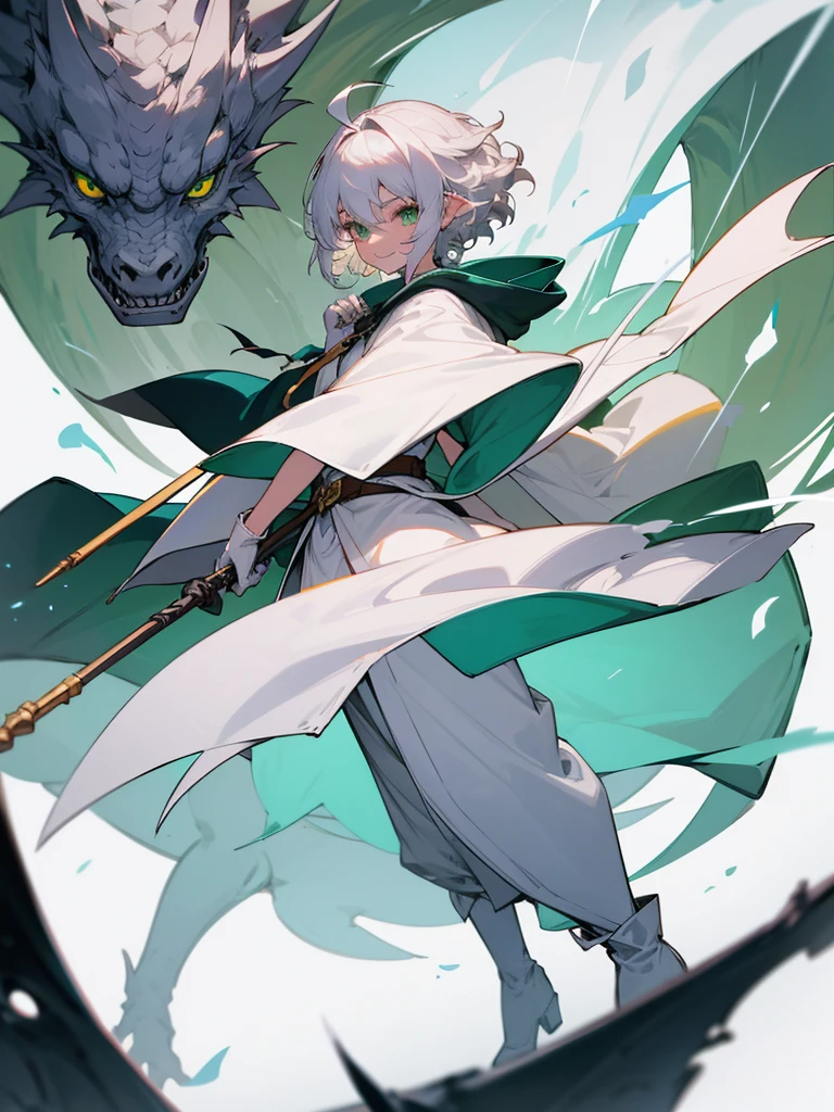 Elf, silver hair,short hair, medium cut, ahoge, curly hair,green eyes,slender, fair skin, cool Smile, robe,  cloak, White gloves, long boots, pants, born Dragon head long rod